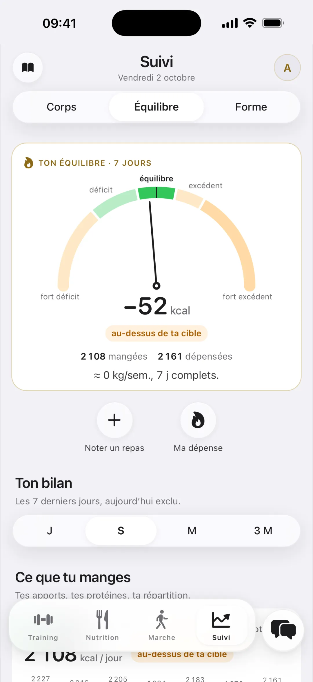 Suivi, volet Équilibre : la balance des sept derniers jours entre ce que tu manges et ce que tu dépenses.