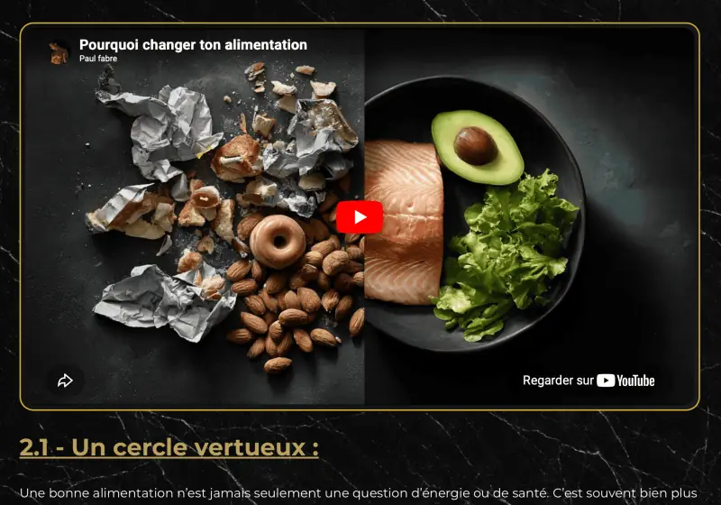 Module 2 de Reboot Nutrition, Pourquoi changer ton alimentation, dans l'espace de formation&nbsp;: la vidéo d'introduction (des emballages froissés, des noix et un beignet face à un avocat, un pavé de saumon et de la salade) et le titre «&nbsp;2.1 - Un cercle vertueux&nbsp;».