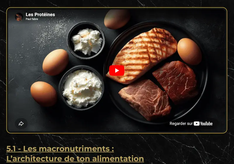 Module 5 de Reboot Nutrition, Les protéines, dans l'espace de formation&nbsp;: la vidéo d'introduction (des œufs, du fromage blanc, un filet de poulet grillé et de la viande rouge) et le titre «&nbsp;5.1 - Les macronutriments&nbsp;: L’architecture de ton alimentation&nbsp;».