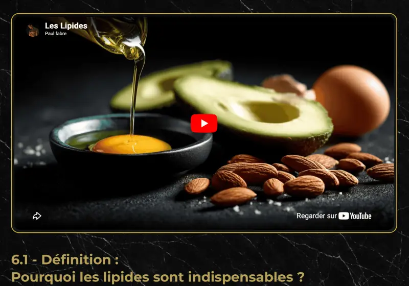 Module 6 de Reboot Nutrition, Les lipides, dans l'espace de formation&nbsp;: la vidéo d'introduction (de l'huile d'olive versée sur un jaune d'œuf, un avocat et des amandes) et le titre «&nbsp;6.1 - Définition&nbsp;: Pourquoi les lipides sont indispensables&nbsp;?&nbsp;».