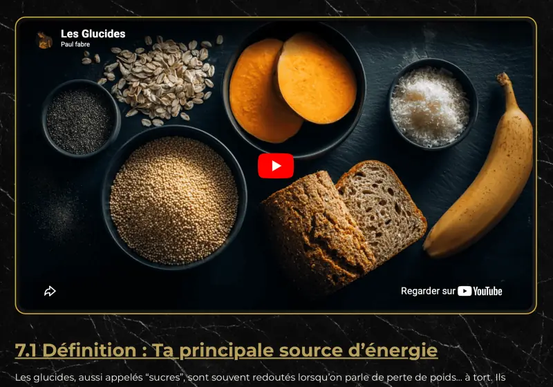 Module 7 de Reboot Nutrition, Les glucides, dans l'espace de formation&nbsp;: la vidéo d'introduction (une patate douce, des flocons d'avoine, du pain complet et une banane) et le titre «&nbsp;7.1 Définition&nbsp;: Ta principale source d’énergie&nbsp;».