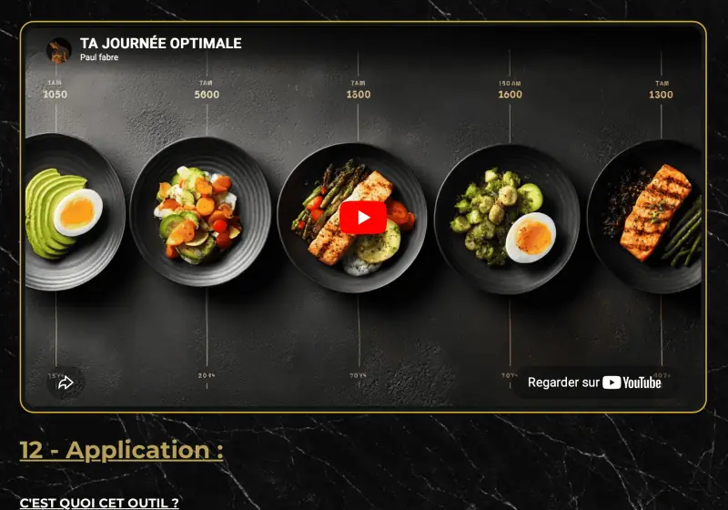 Module 12 de Reboot Nutrition, Ta Journée Optimale, dans l'espace de formation&nbsp;: la vidéo d'introduction (cinq assiettes alignées sur une frise de la journée) et le titre «&nbsp;12 - Application&nbsp;».