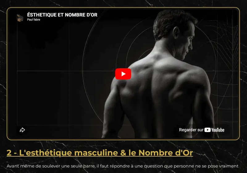Module 2 de Reboot Training, Le Nombre d'Or, dans l'espace de formation&nbsp;: la vidéo d'introduction (un dos musclé en noir et blanc, tracé de cercles et de lignes de proportion) et le titre «&nbsp;2 - L'esthétique masculine & le Nombre d'Or&nbsp;».