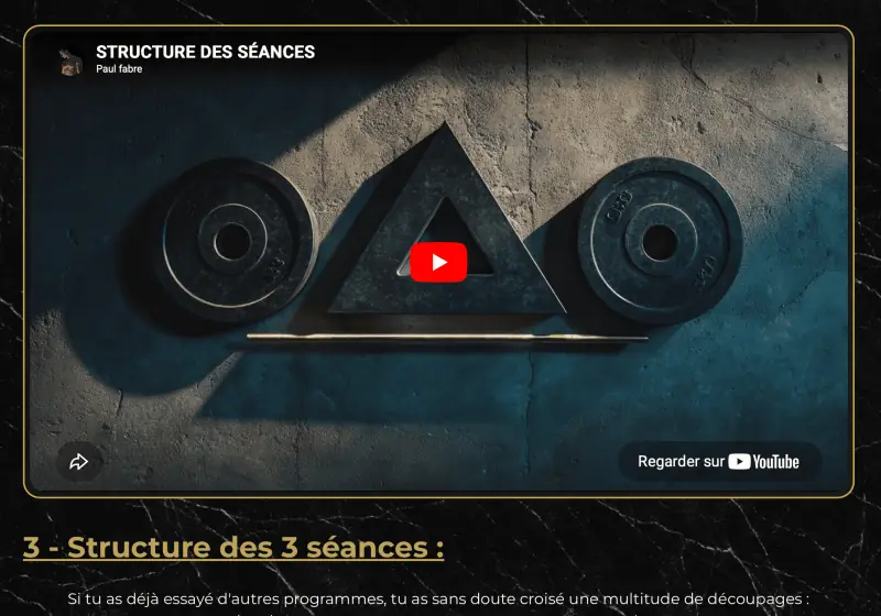 Module 3 de Reboot Training, Structure des 3 séances, dans l'espace de formation&nbsp;: la vidéo d'introduction (deux disques de fonte de part et d'autre d'un triangle) et le titre «&nbsp;3 - Structure des 3 séances&nbsp;».