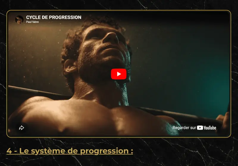 Module 4 de Reboot Training, Le système de progression, dans l'espace de formation&nbsp;: la vidéo d'introduction (un athlète sous une barre, le regard levé) et le titre «&nbsp;4 - Le système de progression&nbsp;».