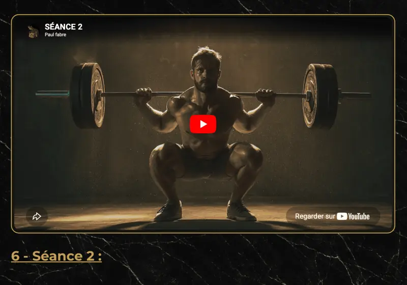 Module 6 de Reboot Training, Séance 2, dans l'espace de formation&nbsp;: la vidéo d'introduction (un homme en squat, barre chargée sur les épaules) et le titre «&nbsp;6 - Séance 2&nbsp;».