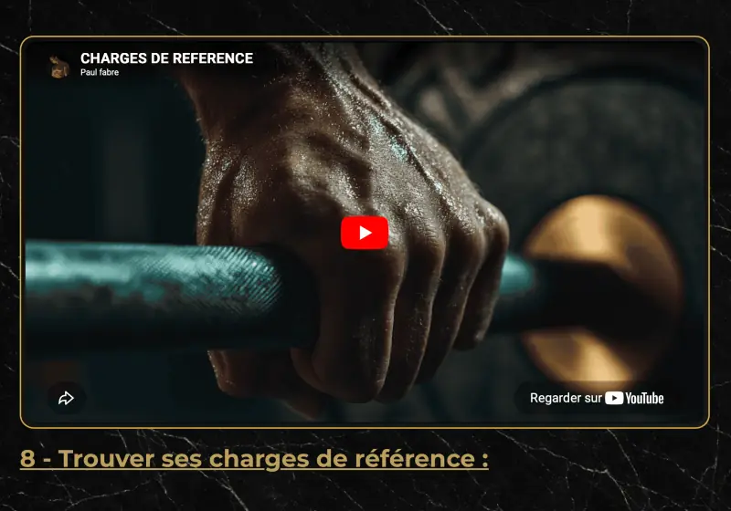 Module 8 de Reboot Training, Trouver ses charges de référence, dans l'espace de formation&nbsp;: la vidéo d'introduction (une main serrée sur une barre) et le titre «&nbsp;8 - Trouver ses charges de référence&nbsp;».