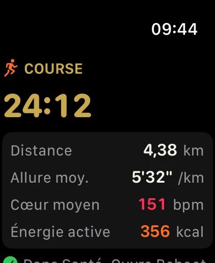 Récap de la course sur Apple Watch : distance, allure moyenne, cœur moyen et énergie active.