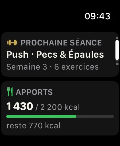 Apple Watch : prochaine séance Push pectoraux et épaules, semaine 3, 6 exercices ; apports 1 430 sur 2 200 kcal.